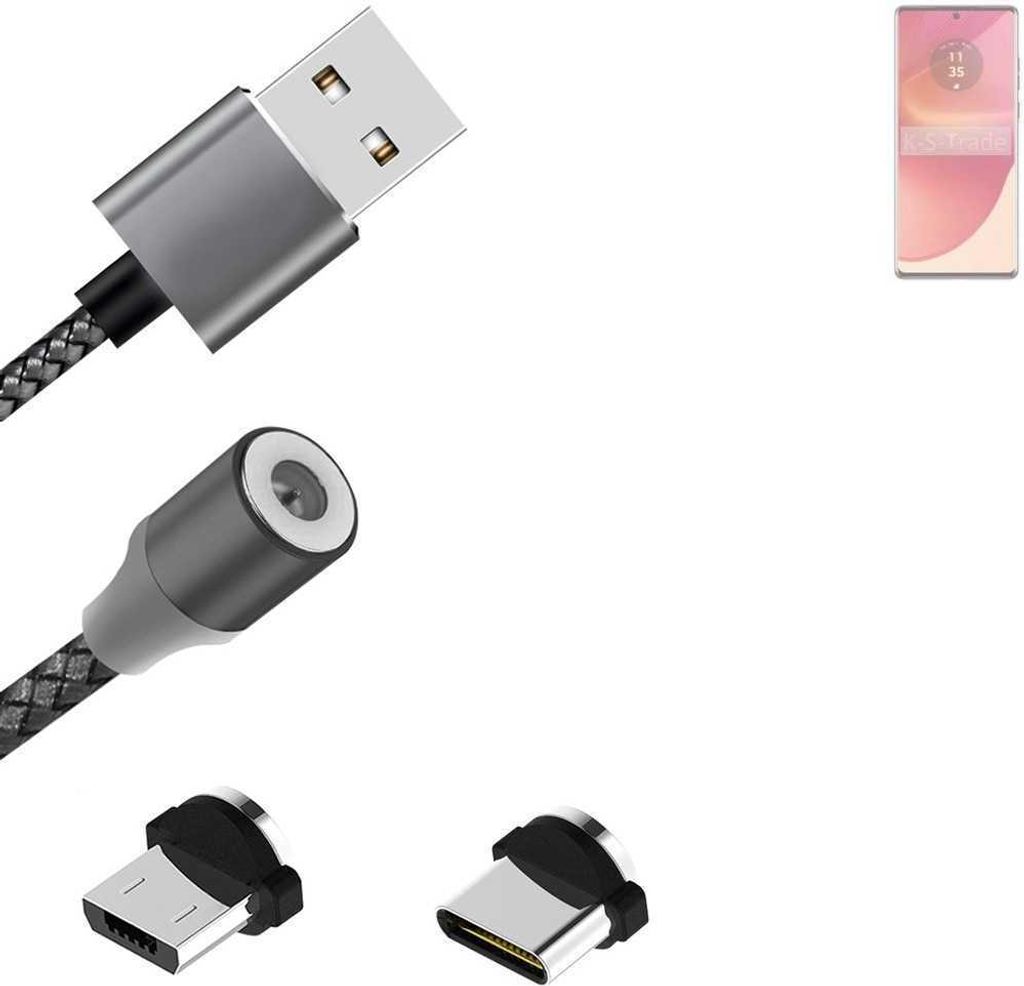 K-S-Trade Hochwertiges Magnet-Lade-kabel Sync-Kabel Daten-Kabel für Motorola Edge 50 Fusion mit USB-Typ-C-Anschluss und Micro-USB-Anschluss 2A bis zu
