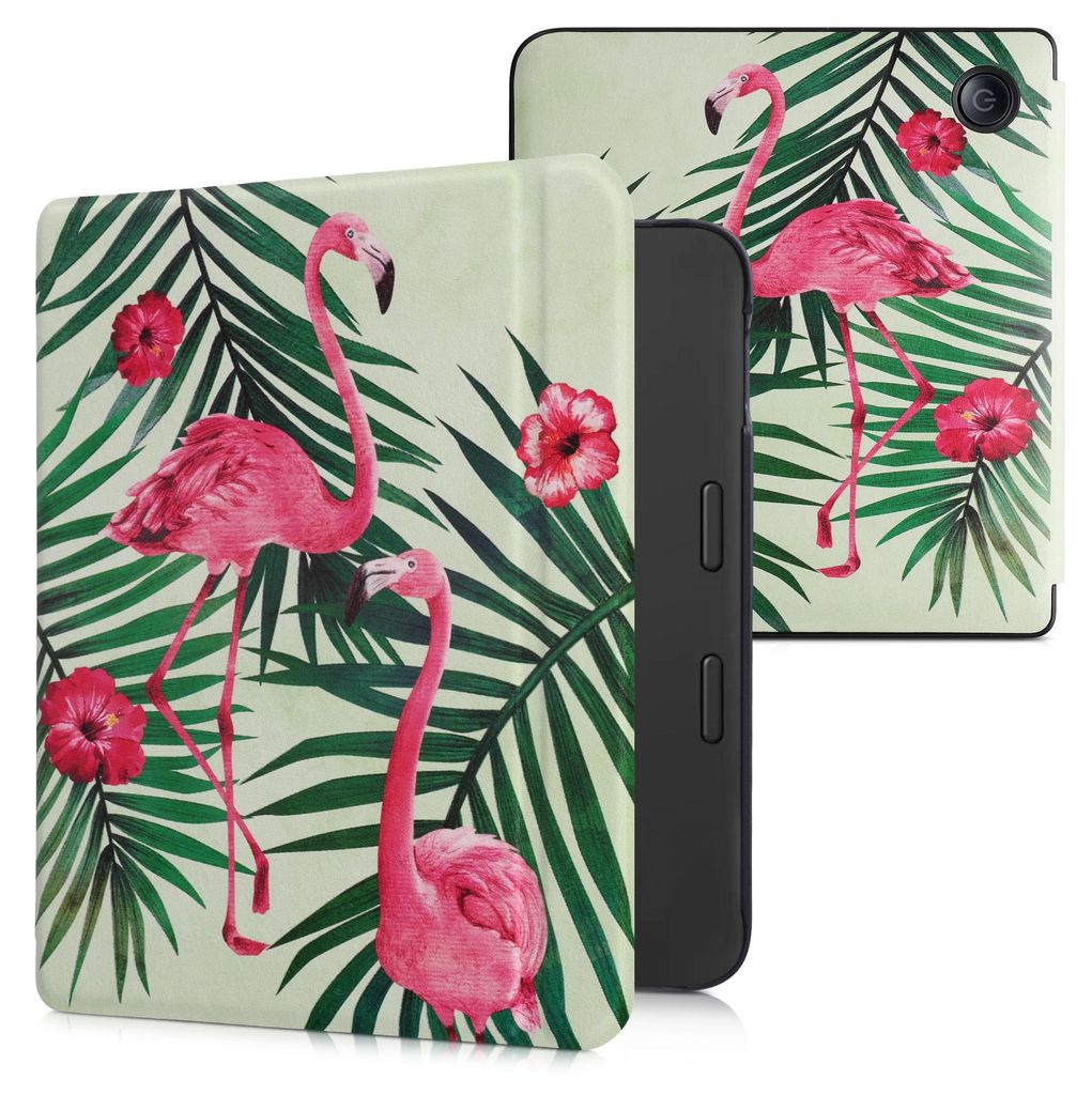 kwmobile Schutzhülle für Tolino Vision 6 Hülle - eReader Flip Case mit Auto Sleep Funktion - Flamingo Palmen mit Rosa Grün Hellgrün
