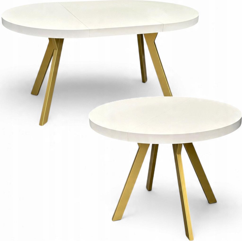 Runder Esstisch Weiß Halbmatt Ausziehbar Ø110/210 cm mit Goldenen Y-Metallbeinen