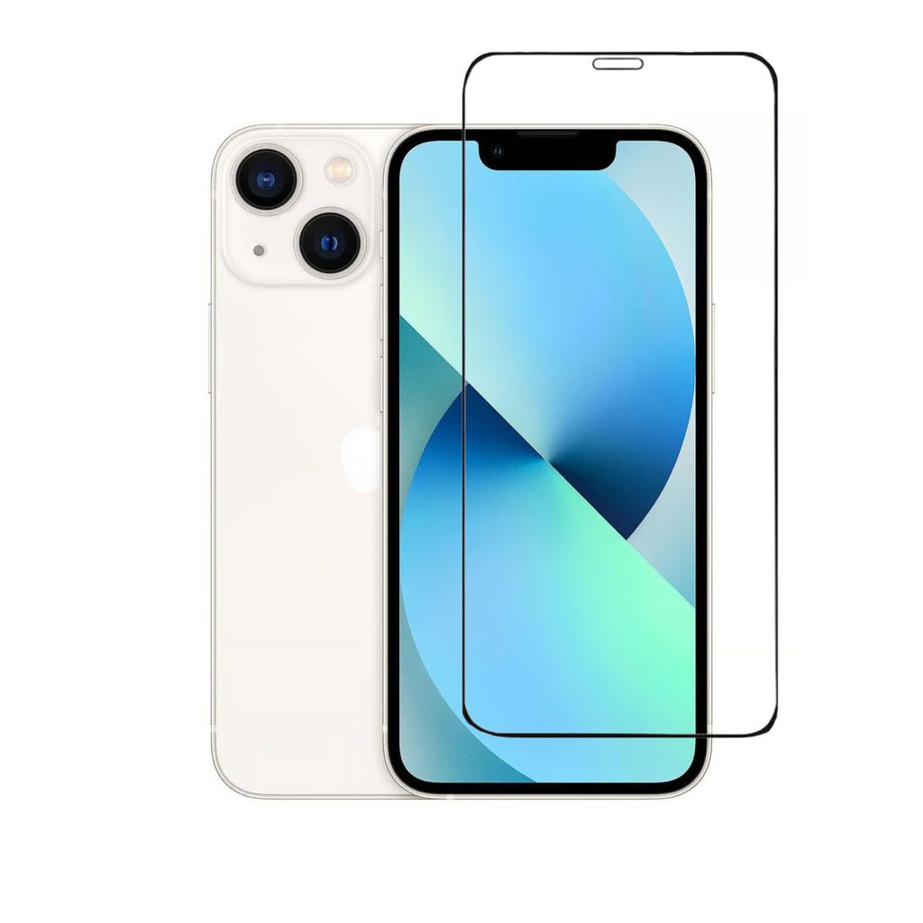 A white iPhone 13 Mini is shown next to a screen protector.