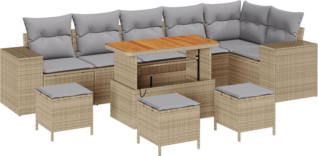 Möbel 10-teiliges Garten Sofa Set mit Kissen Beige Poly Rattan Akazie, 4-teiliges Garten Ess-Set mit Kissen Beige Poly Rattan Akazie - Gartensofas...