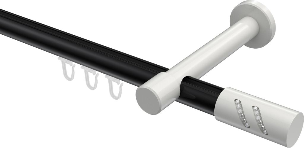 Interdeco Innenlaufstange / Gardinenstange mit Innenlauf Schwarz / Weiß, Typ Prestige Zoena (Glitzerzylinder), 20 mm Ø 1-läufig, 260 cm