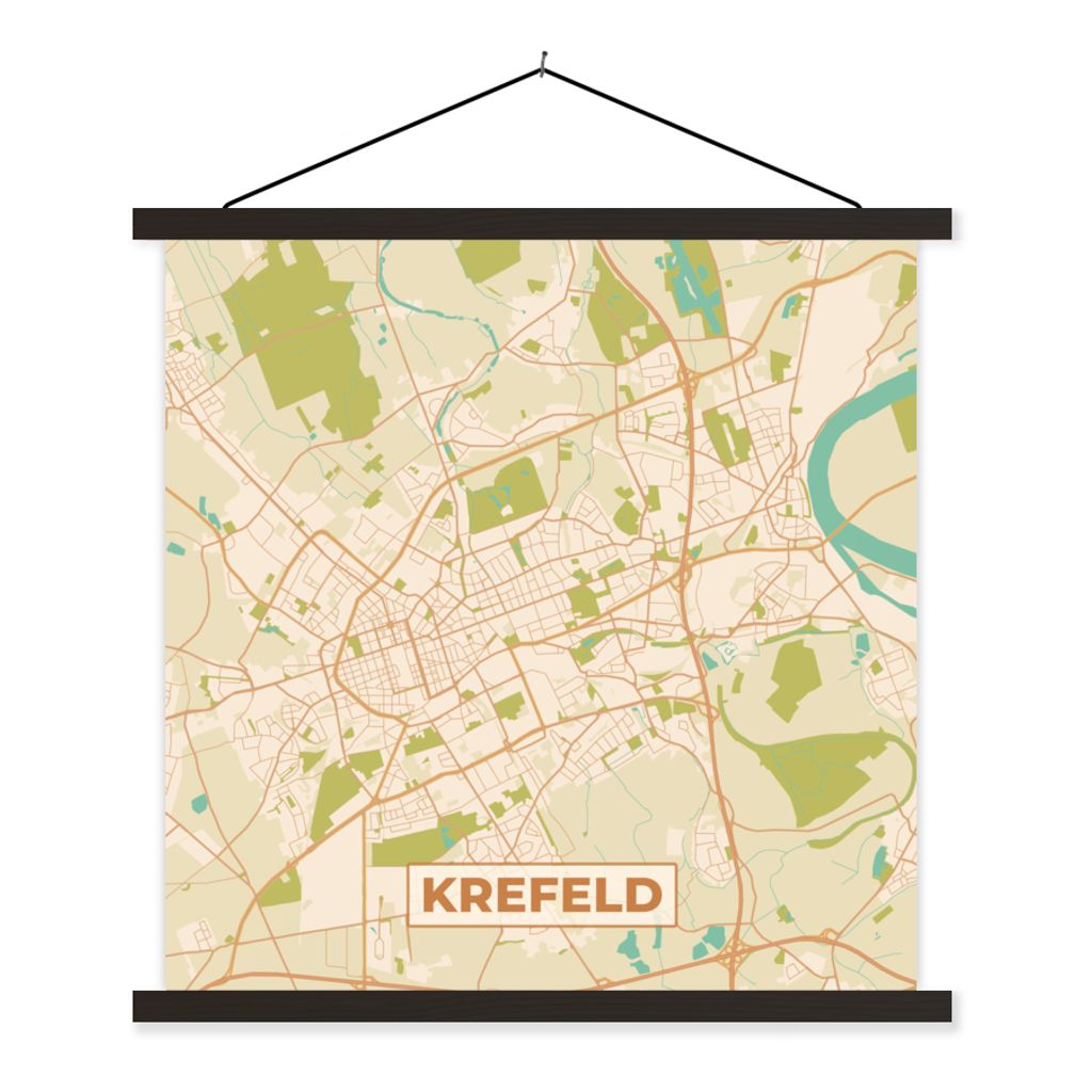 MuchoWow Textilposter Krefeld - Karte - Vintage - Stadtplan 120x120 cm mit schwarzem Rahmen - Aufhängungsset