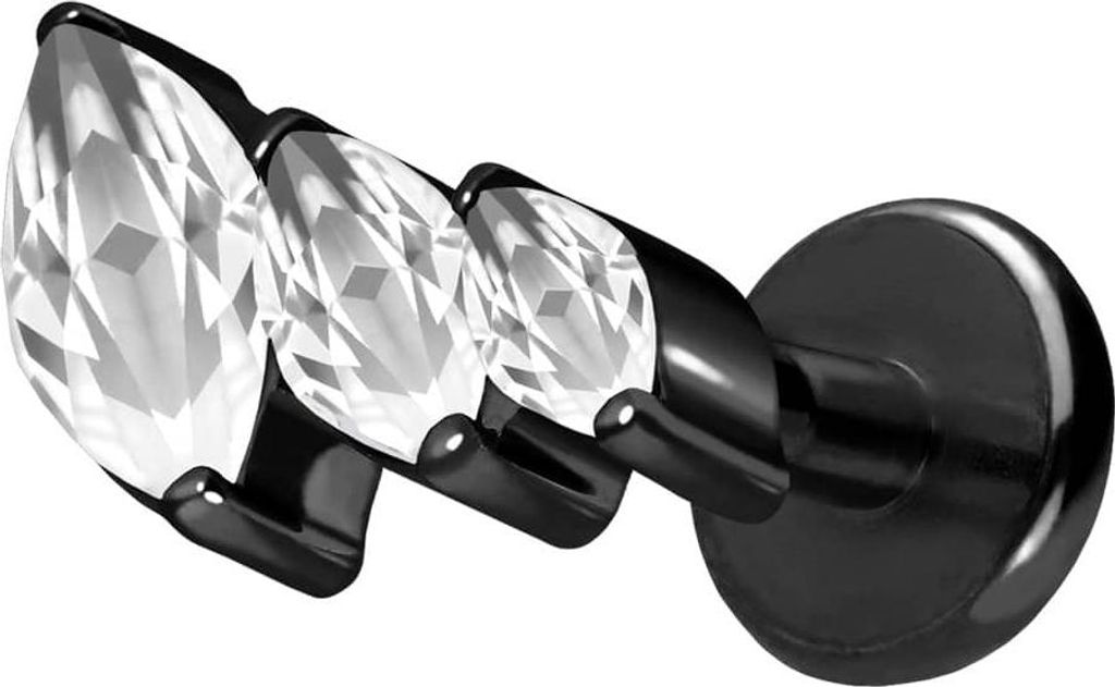 Ohrpiercing, Nasenpiercing Titan Labret mit Push Fit 3 EINGEFASSTE KRISTALLTROPFEN Schwarz Stablänge: 8mm | Stabstärke: 1,2mm