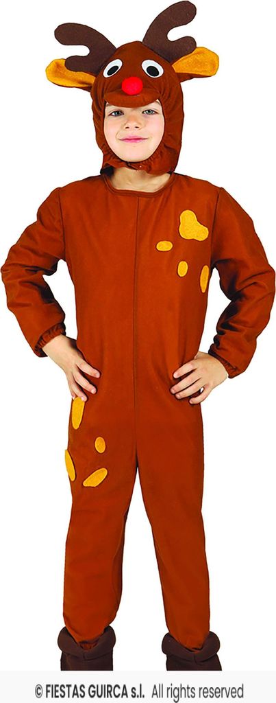 Kinder Rentier-Kostüm – Brauner Overall mit roter Nase – Weihnachtskostüm Gr. 98-146, Größe:110/116