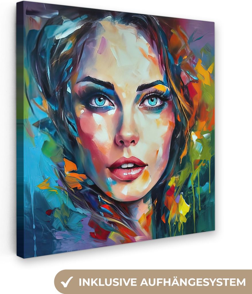 MuchoWow - Leinwandbilder - Gesicht - Frau - Ölfarbe - Farbenfroh - Kunst, Wandbild, Wanddeko Bilder Wohnzimmer, 90x90 cm