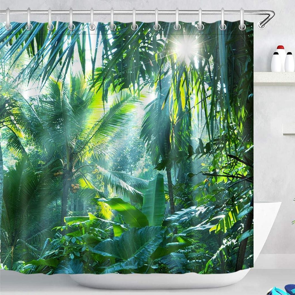 Green Forest Duschvorhang, tropische Blätter, Palmen, Bananenblätter – Duschvorhang im Dschungel-Design, extrabreite Ausführung, wasserdicht, ...