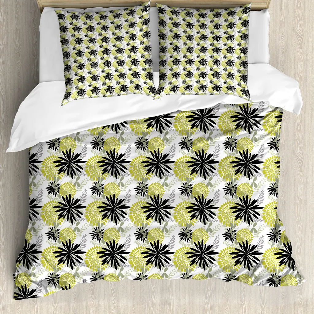 ABAKUHAUS Copripiumino con motivi floreali, arte floreale, antiacaro, adatto a chi soffre di allergie, con federe, 155 cm x 220 cm - 80 x 80 cm, grigio nero verde chiaro