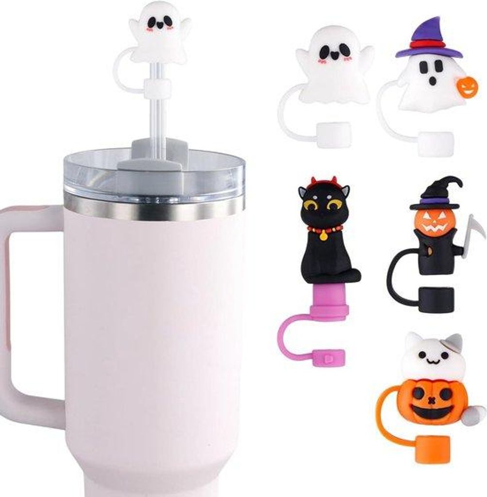 Halloween-Stro-Afdekkappen-Set mit 3D-Silikon-Toppen - Spuk-Pumpkin-Design - für 10mm-Rohre - inklusive Rohren - für 30/40oz-Tumbler - Party-Drin...