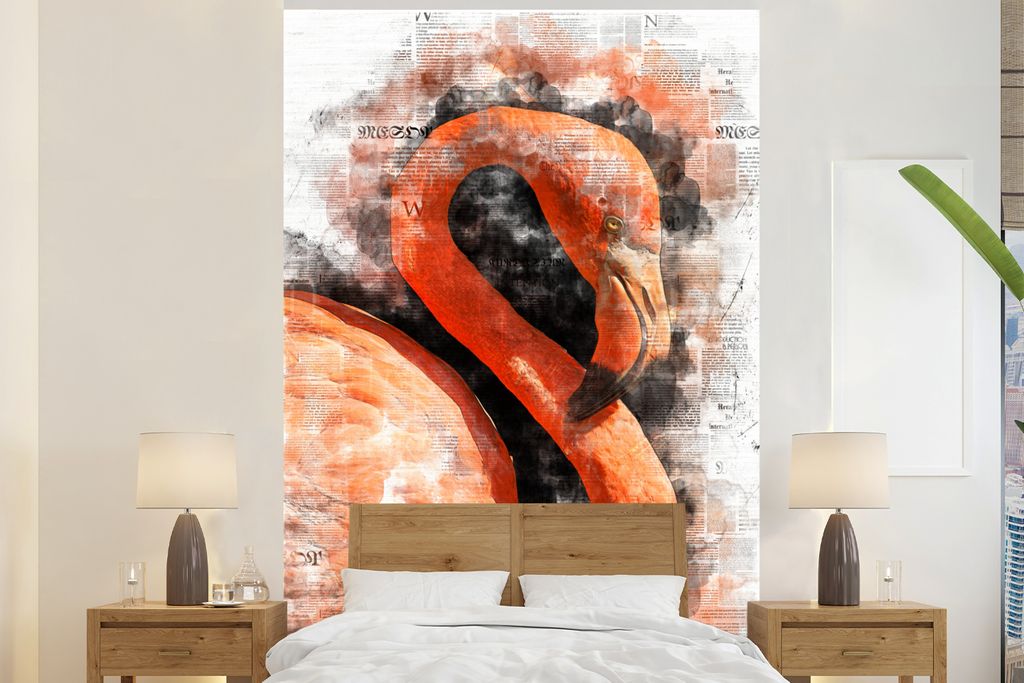 MuchoWow Fototapete für Wohnzimmer oder Schlafzimmer Wandtapete Vinyl Motivtapete Porträt - Flamingo - Zeitung - 170x260 cm - Wohnzimmertapete