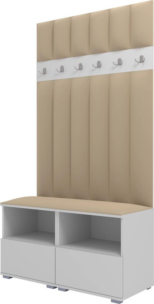 Garderoben-Set Nela III LUX, gepolsterte Garderobe 100 cm mit Sitzbank, Wandpaneelen und Stauraum (Farbe: Weiß + Trinity 04)
