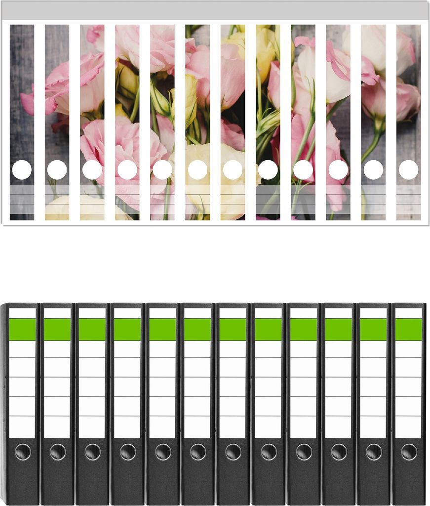 Wallario 12 Stück schmale Ordner inkl. Klebeetiketten mit Motive Gelbe und rosane Rosen - Set mit Rückenschildern / Ordnerrücken Stickern