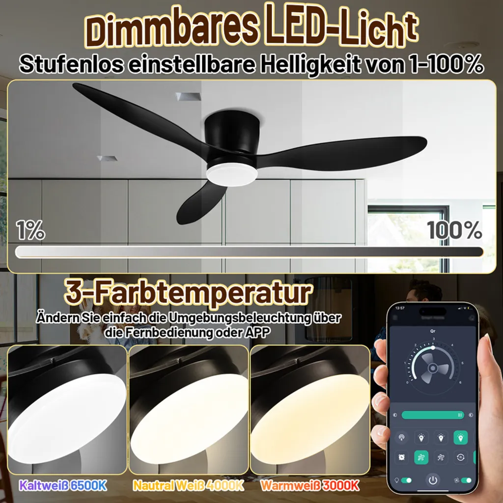 Ventilatore da Soffitto Clanmacy 132CM - LED Dimmerabile con Telecomando - 3