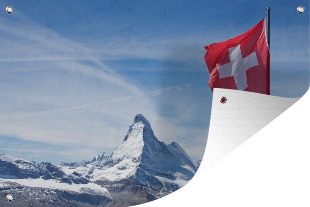 MuchoWow 90x60 cm Outdoor-Poster Gartendeko Sichtschutz Garten Poster für den Garten Schweizer Flagge am Matterhorn in der Schweiz