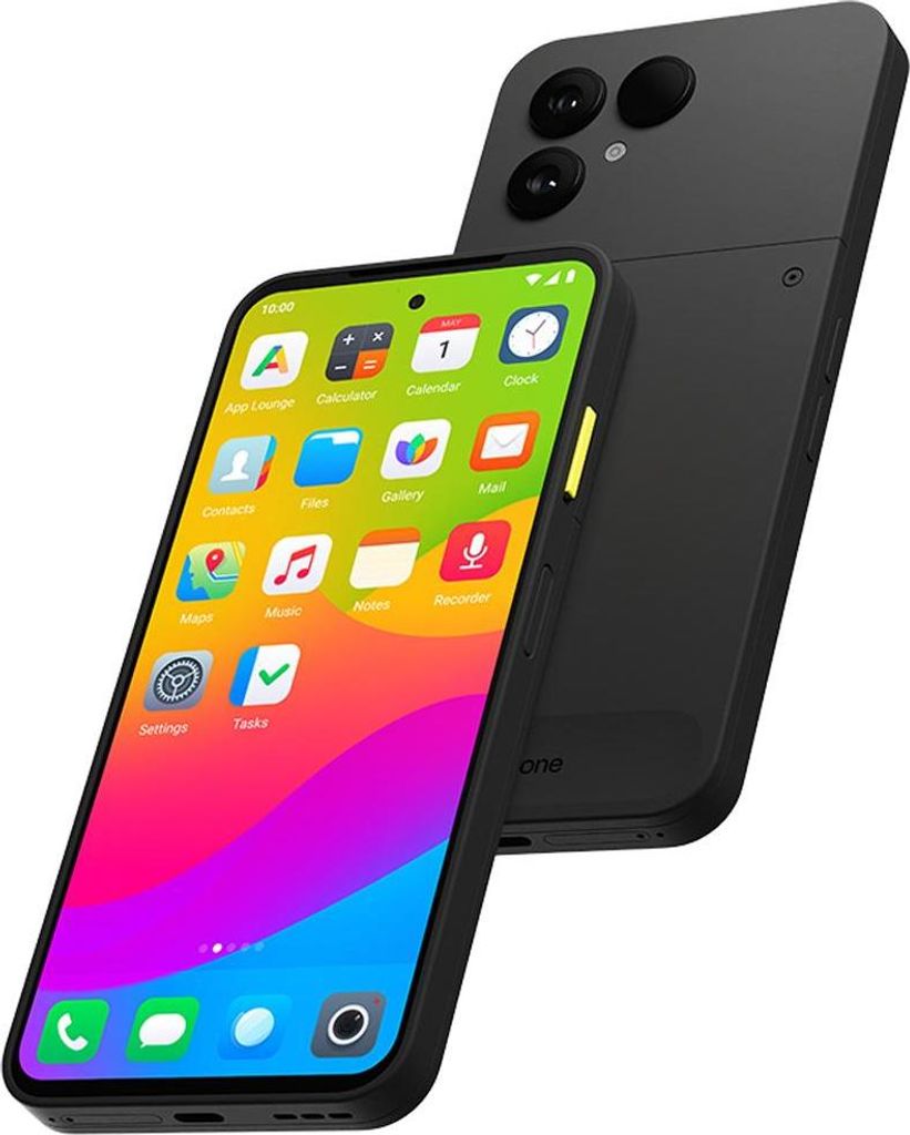 A smartphone with a colorful screen is shown in front of a black smartphone.