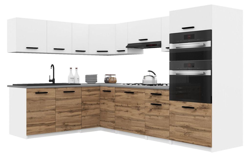 Belini Moderne Küchenzeile Küchenblock ITALIA 8 - Küchenmöbel 420cm Weiß-Goldbraun Matt - Einbauküche mit Hängeschränke, Unterschränke & A...