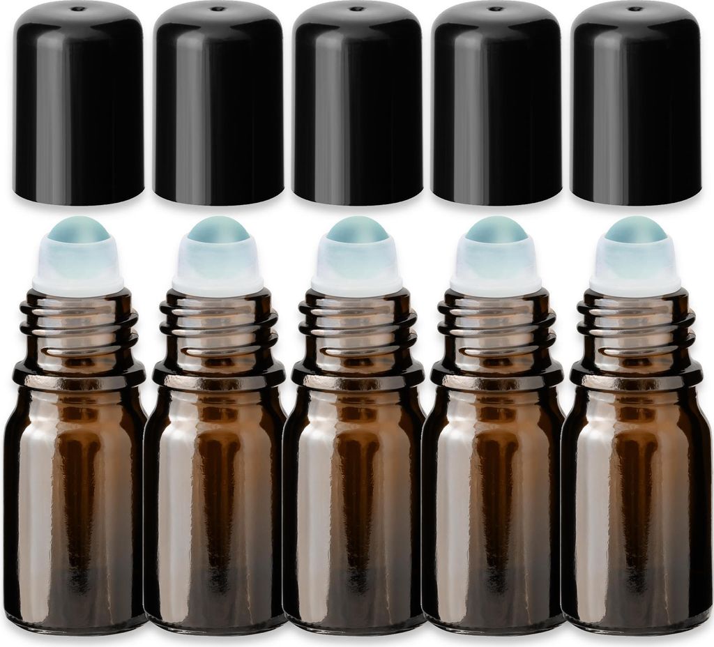 5x Braune Glasflasche 5 ml Roll On mit schwarzer Kappe Probefläschchen