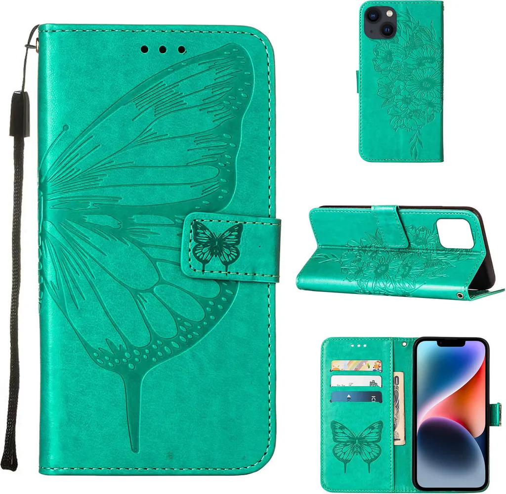Occasione! Custodia Flip iPhone 14 Plus Verde Farfalla con Supporto