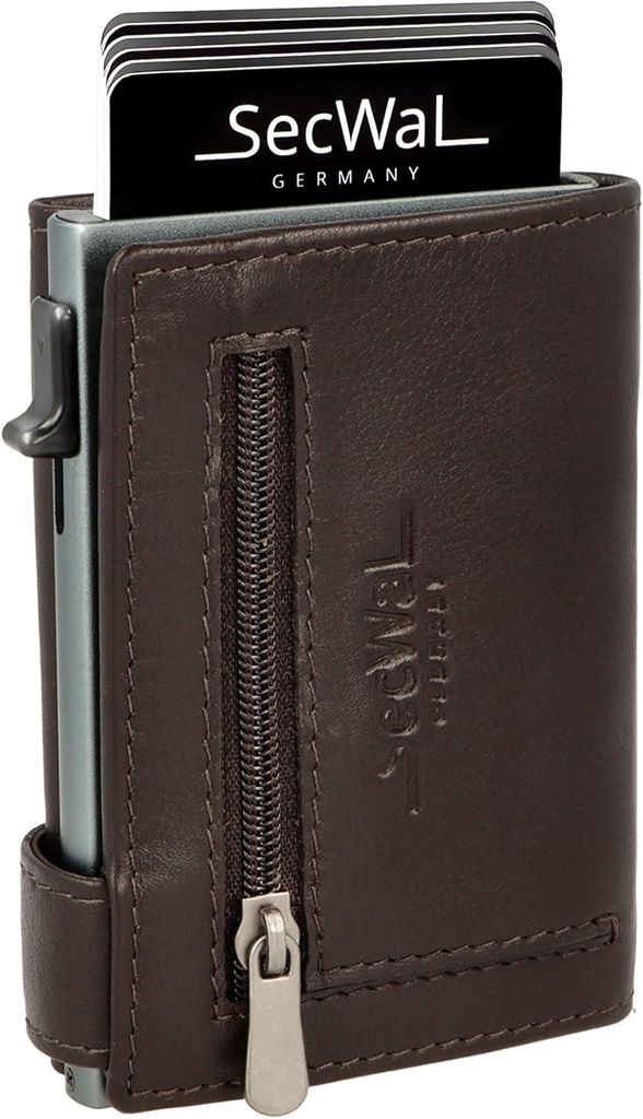 Kartenetui aus Echtleder mit Münzfach und RFID Schutz, Slim Wallet mit Aluminium Kartenhalter für bis zu 10 Karten, Kompakte Geldbörse