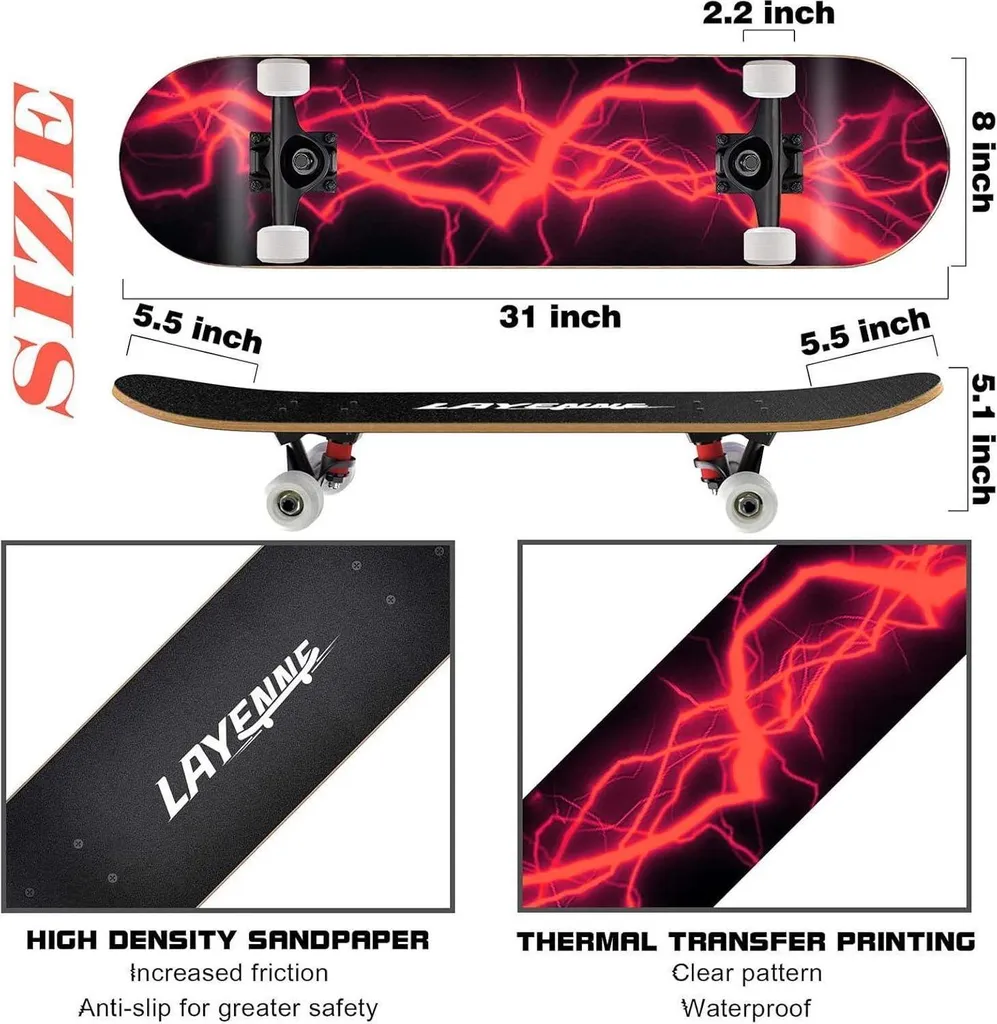 LAYENNE Skateboard 31 pouces Complet en Érable 7 Plis avec Roulements ABEC-11 - 2