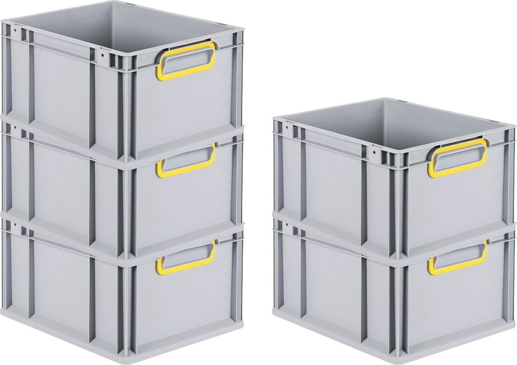 SparSet 5x Eurobox NextGen Color | HxBxT 22x30x40cm | 20 Liter | Griffe gelb geschlossen | Glatter Boden | Grau | Eurobehälter, Transportbox, Tran...
