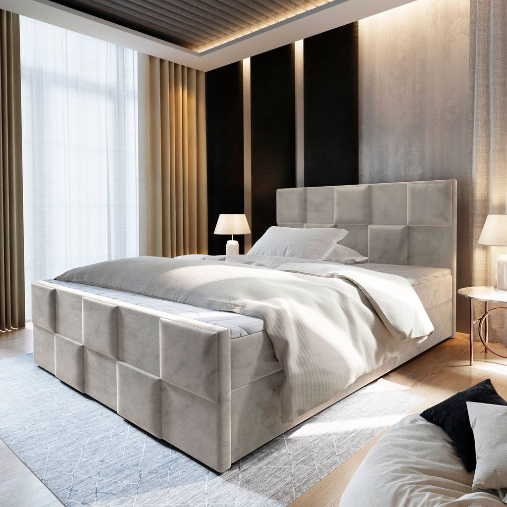 Masseno Boxspringbett MONA 140x200 cm Komplett-Set mit Bonell Matratze und Topper, Polsterbett mit Bettkästen -Beige, PAROS 02