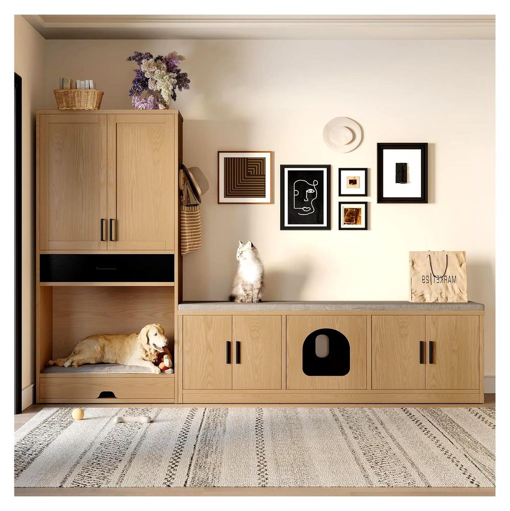 Multifunktionaler Tierschrank in Eichenoptik, 160 cm hoch, Futterstation mit Napf, Hundebett, Stauraum und Haken, Tiermöbel und Küchenschrank fü...