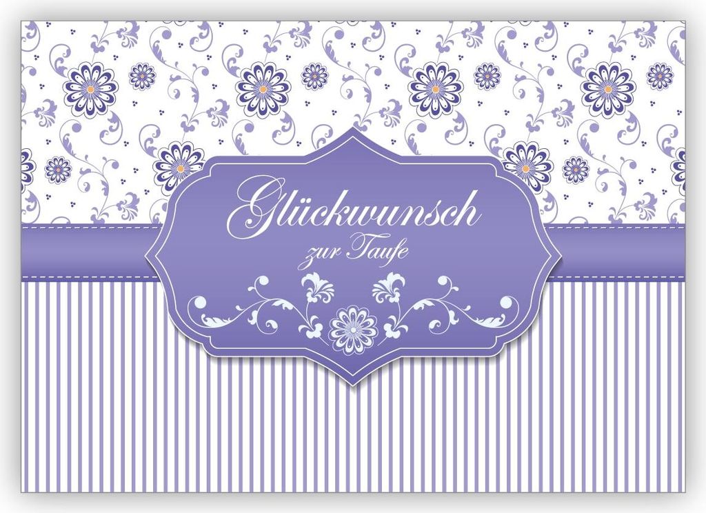 Edle Taufkarte als Glückwunsch zur Taufe eines Baby, Zwillingen oder Drillingen mit Blümchen und Streifen, lila: Glückwunsch zur Taufe
