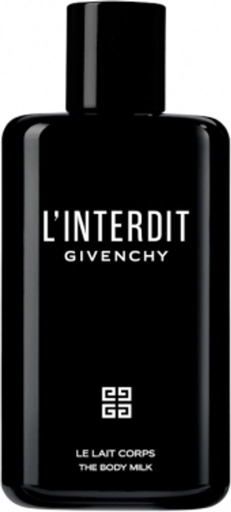 A black bottle of Givenchy L'interdit The Body Milk.