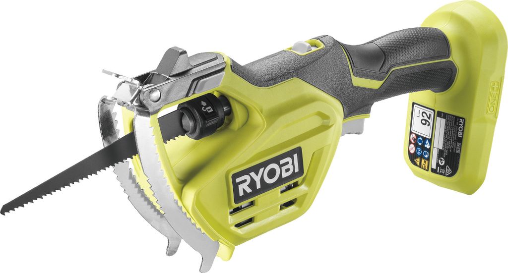 A close-up studio shot of a yellow and black Ryobi reciprocating saw with a battery attached.