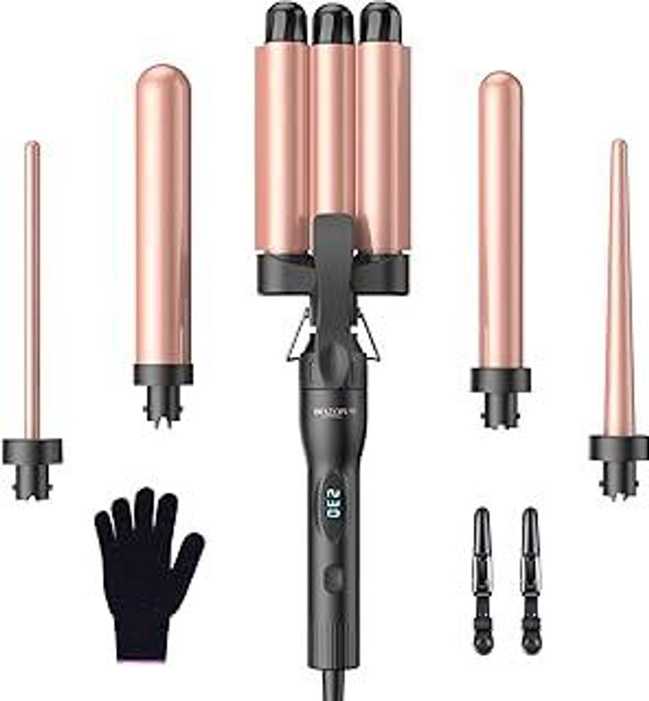 Lockenstab Set 3 Fässer Welleneisen Mehrere Temperatureinstellungen - BESTOPE PRO Lockenstäbe mit LED-Anzeige 5 in 1 für großer Wellen Schnella...
