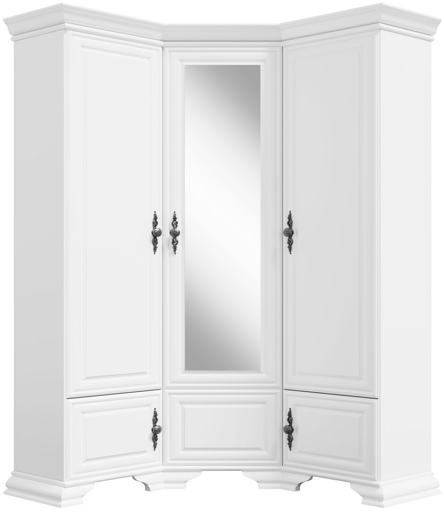 A white corner wardrobe with three doors, one of which has a mirror.