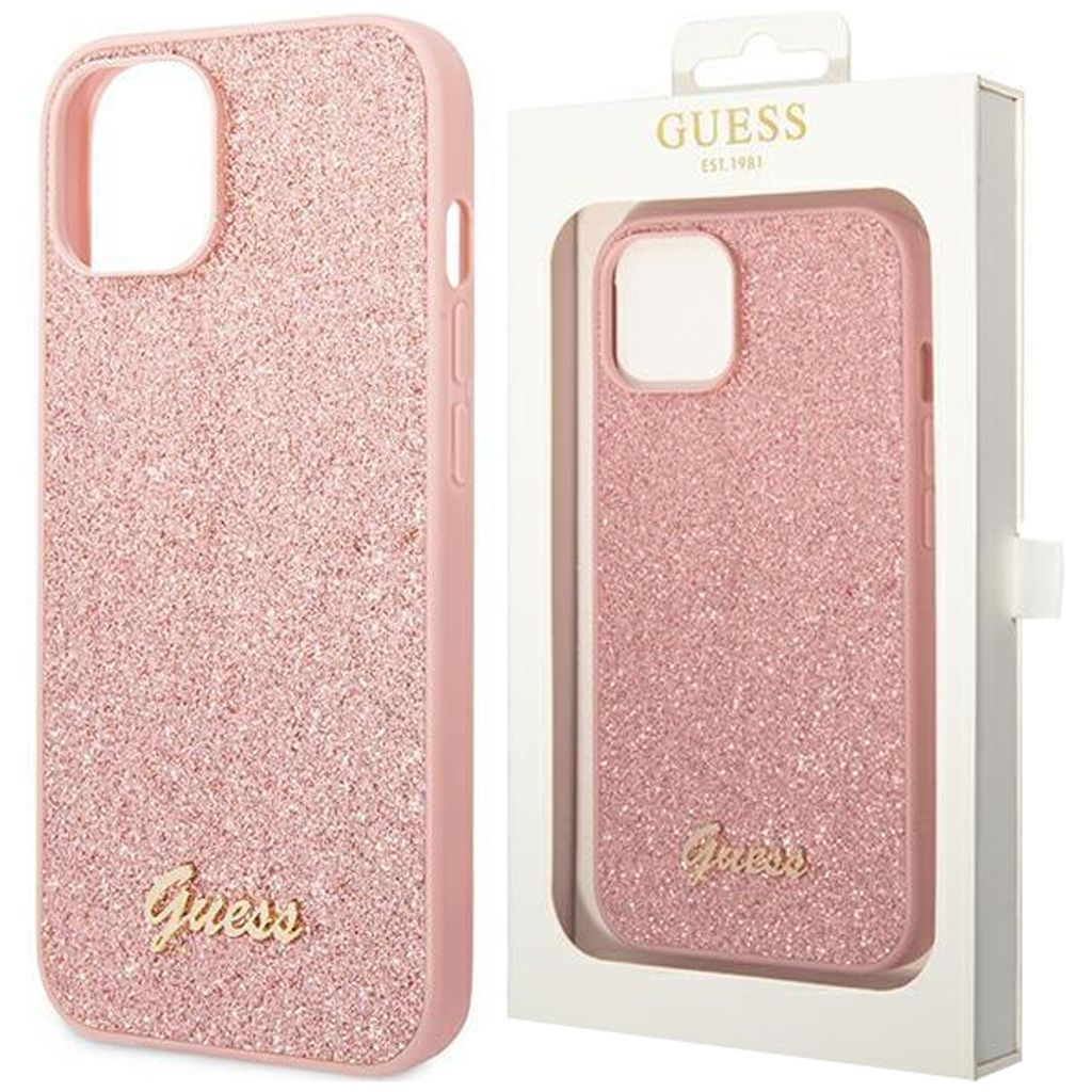 A pink glitter phone case and its packaging are displayed against a white background.