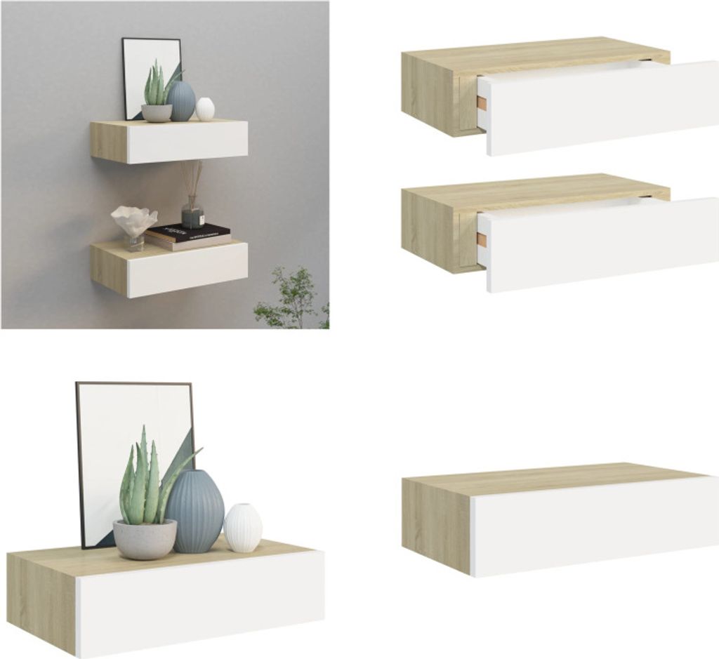 vidaXL Wandregale mit Schubladen 2 Stk. Eichen Optik Weiß 40x23,5x10cm - Schubladenregal - Schubladenregale - Wandregal - Wandregale