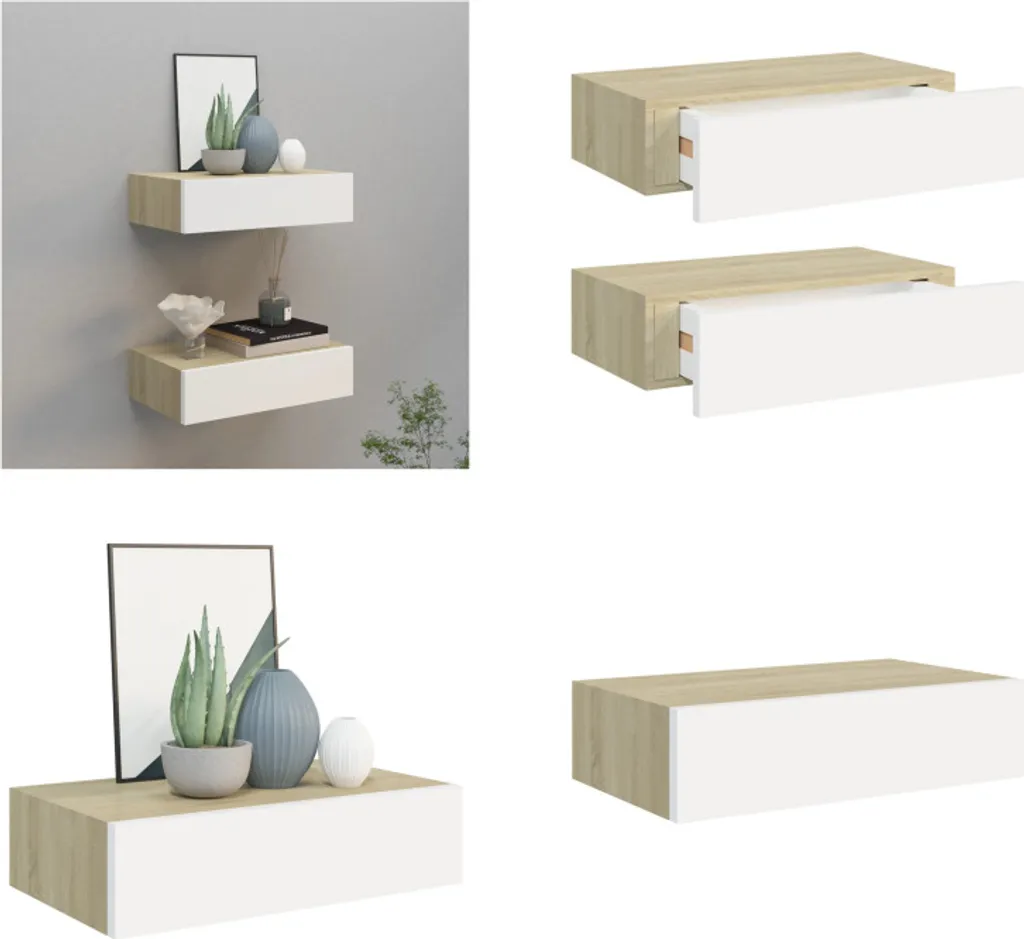 vidaXL Mensole a muro con cassetti 2 pz. Rovere look Bianco 40x23,5x10cm - Mensola a cassetti - Mensole a cassetti - Mensola a muro - Mensole a muro