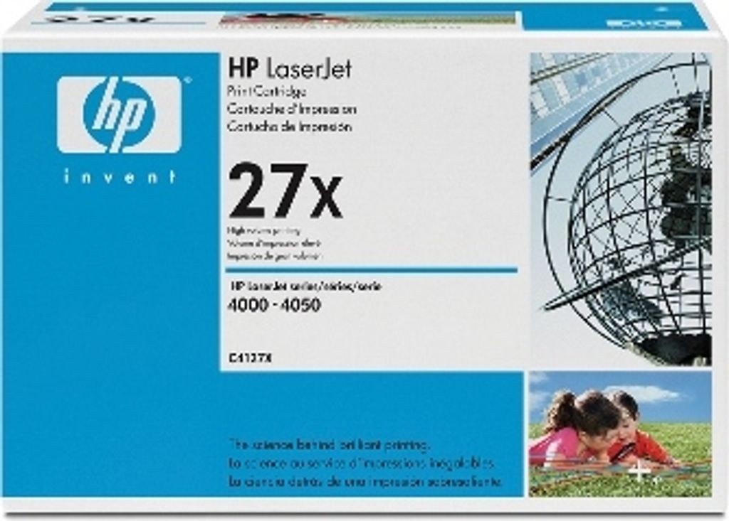 The image shows the packaging of an HP LaserJet 27X toner cartridge, with a graphic of a globe and a small inset image of two children reading.