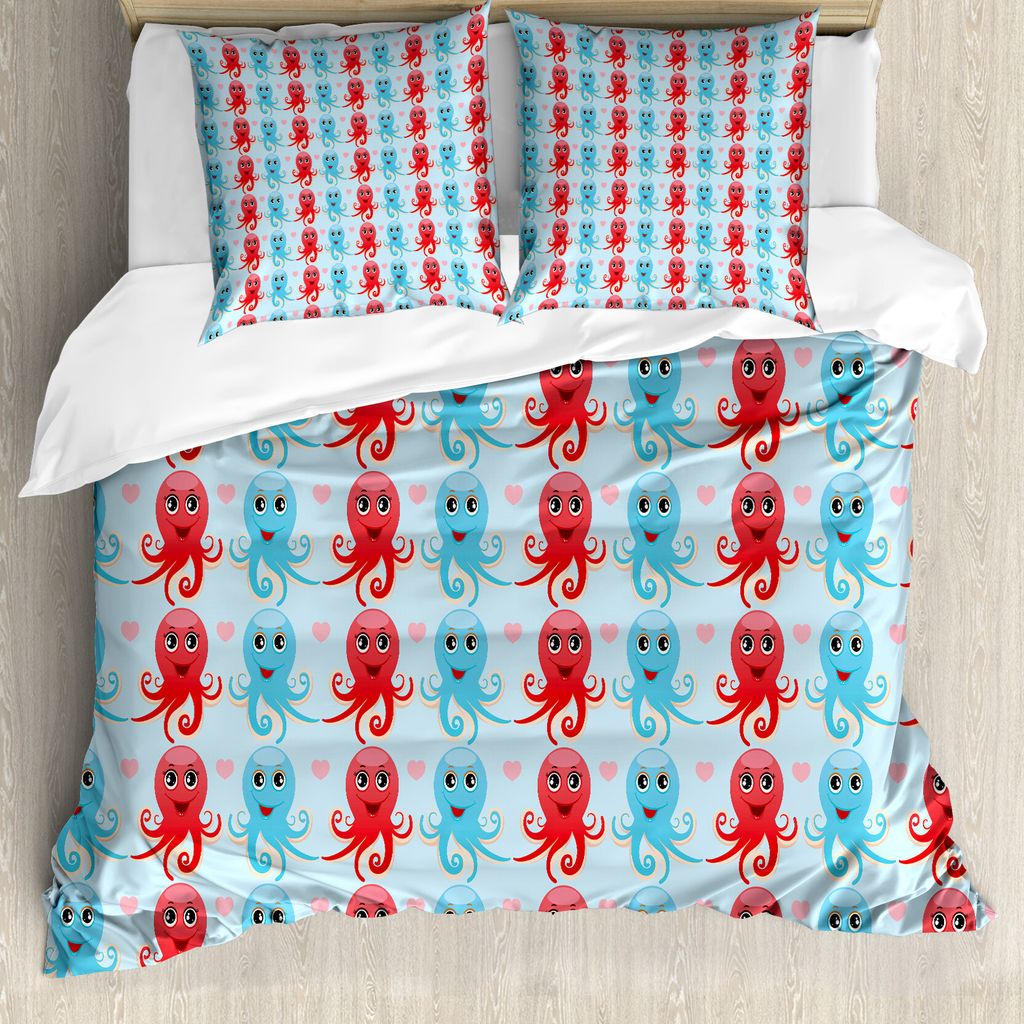 ABAKUHAUS Tintenfisch Bettbezug, Liebe Themed Tiere, Milbensicher Allergiker geeignet mit Kissenbezügen, 200 cm x 200 cm - 80 x 80 cm, Dunkle Cora...