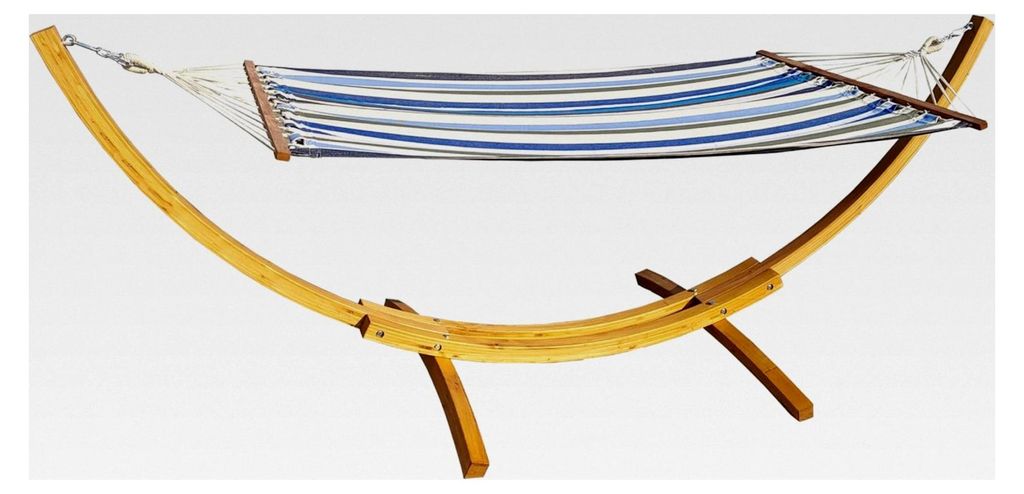 Hängematte mit Gestell aus Lärche naturfarben 320cm x 120cm, Hängematte blau/weiß gestreift, Edelstahlteile, Hängemattengestell aus Holz