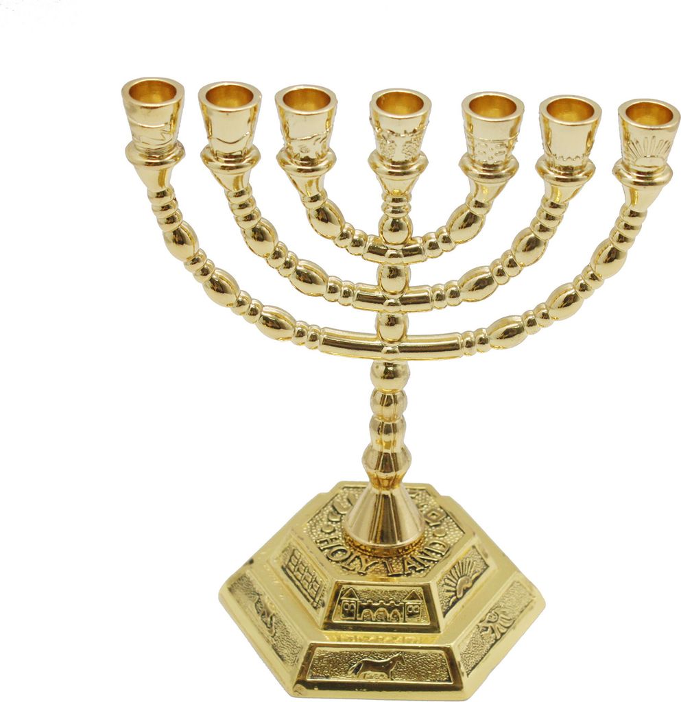 Goldfarbener Menora-Kerzenhalter mit 7 Zweigen, Jerusalem-Tempel, 12 Staemme Israels, Menora mit Aaron-Stab, Mannagefaess und Tafeln, 13 cm Hoehe, ...