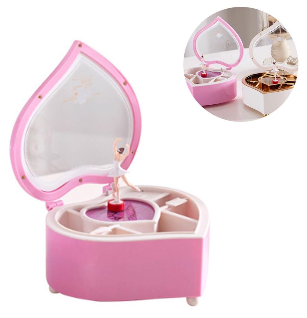 Musikalische Schmuckschatulle für Mädchen mit Ballerina-Motiv – herzförmige, drehbare Tanz-Spieluhr für Ohrringe, Halsketten und Armbänder