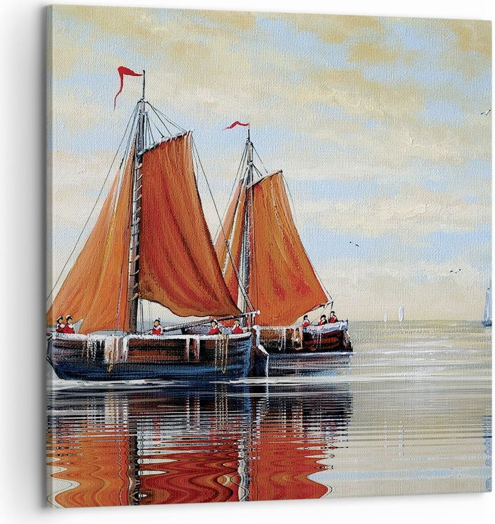 Bild auf Leinwand - Leinwandbild - Einteilig - Segelschiffe Öl Orange - 60x60cm - Wand Bild - Wanddeko - Wandbilder - Leinwanddruck - Bilder - Wan...