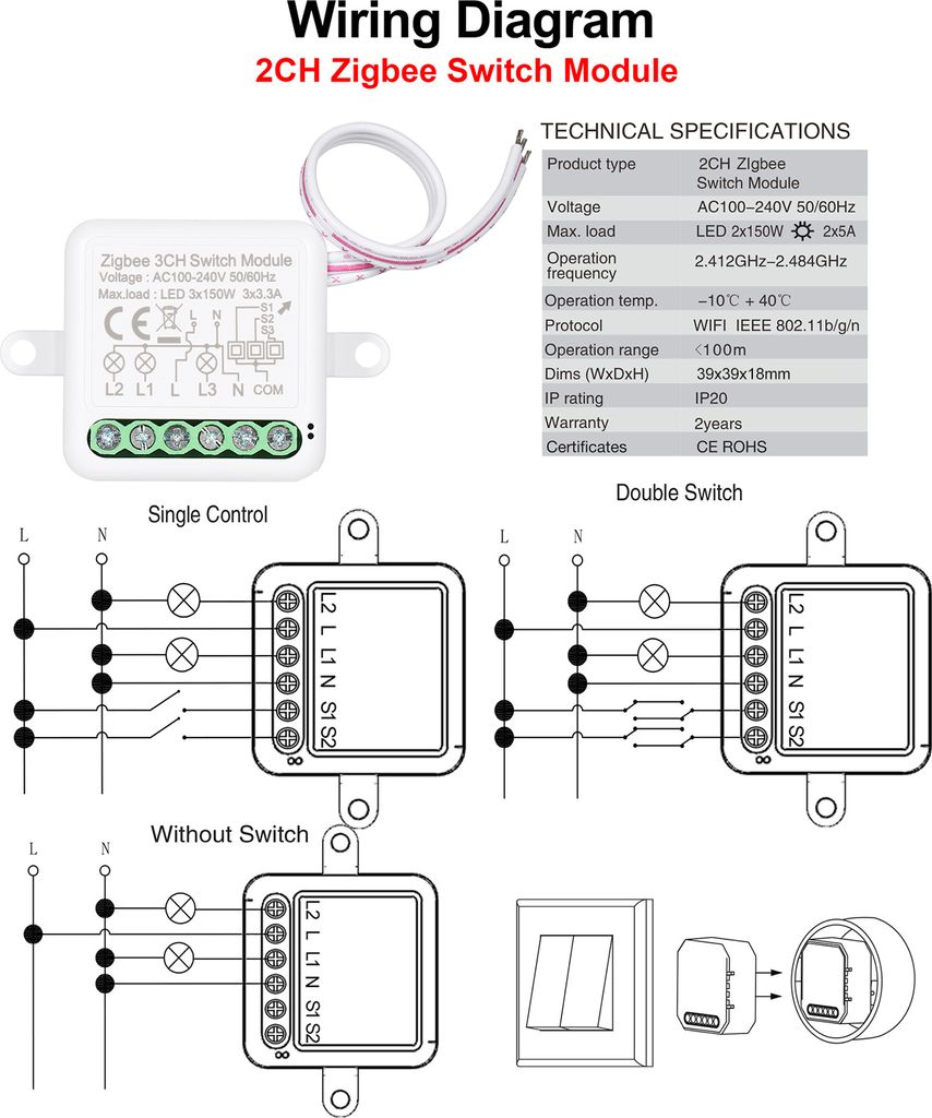 2CH Zigbee Mini Smart Switch reléový modul podporuje Obrázok produktu 