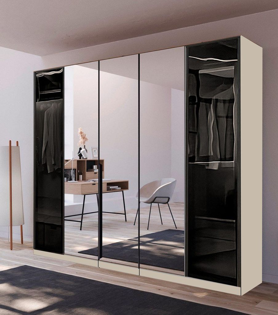 Kleiderschrank Monaco mit Glasrahmentüren & Spiegel. Farbe: Korpus: Beige Maße (Breite): 250 cm Ausführung: Premium