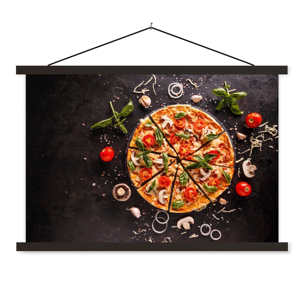 MuchoWow Textilposter Pizza - Gemüse - Kräuter - Küche - Industrie 120x80 cm mit schwarzem Rahmen - Wanddeko