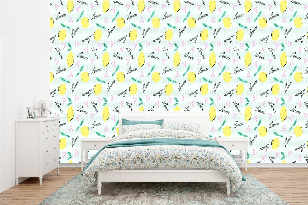 MuchoWow Fototapete für Wohnzimmer oder Schlafzimmer Wandtapete Vinyl Motivtapete Hipster - Zitrone - Pastell - Muster - 385x240 cm - Schlafzimm...