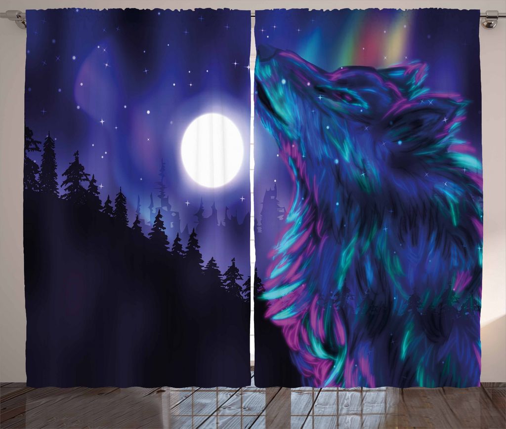 ABAKUHAUS Mond Rustikaler Gardine, Aurora Borealis und Wolf, Schlafzimmer Kräuselband Vorhang mit Schlaufen und Haken, 280 x 175 cm, Indigo Aqua M...