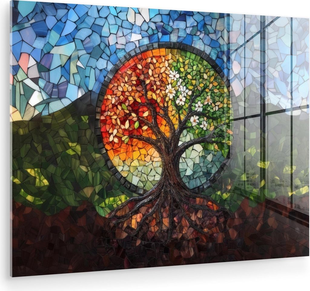 MuchoWow Glasbilder - Bilder auf Wandbild - Foto auf Glas Baum - Jahreszeiten - Mosaik - Berge 40x30 cm Wanddekoration aus Glas - Acrylglasbild - A...