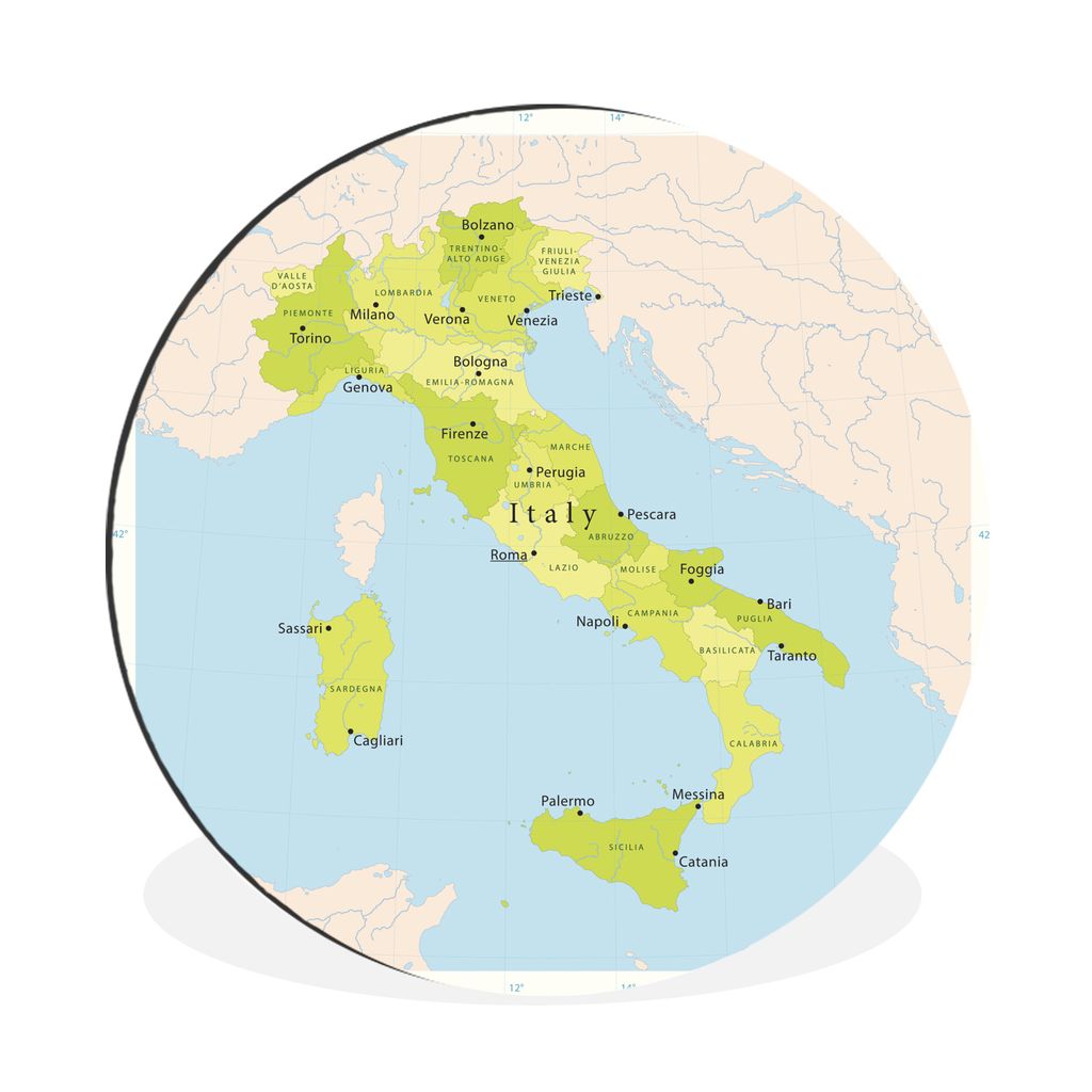 MuchoWow Aluminium Wandkreis Grüne Karte von Italien Ø 90 cm Wanddeko Modern Wohnzimmer - Mauerkreis - Wandbilder - Runde Bild - Bild aus Alumi...