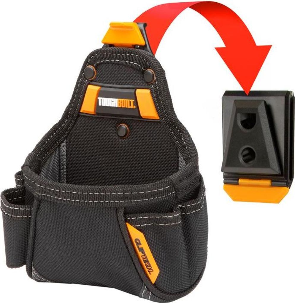 A black and orange tool pouch with a clip attachment system shown separately.