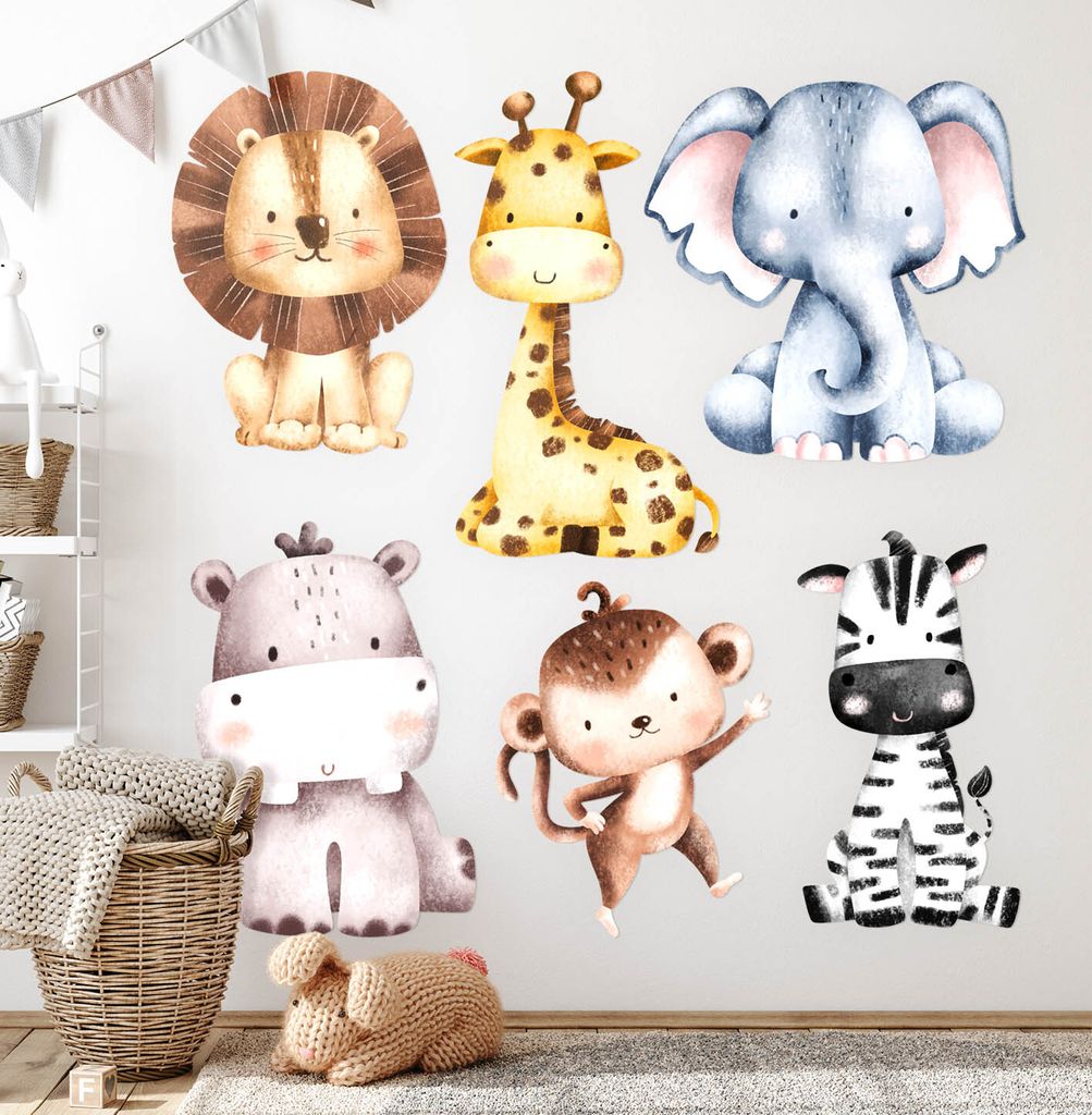 Wilde Safaritiere – Wandgestaltung – Wandbilder Kinder – Motivtapeten Set – Wanddekor Kinderzimmer – Selbstklebende Wandsticker – 80x13...